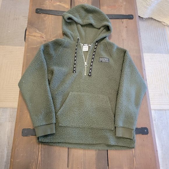 PINK Victoria's Secret Sweaters - Pink Victorias Secret army green fuzzy quarter zip small